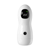 White high-tech male masturbator with curved ergonomic design, digital LED screen displaying “88” and battery indicator, and a single control button below the display.
