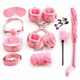 Pink Plush 10-Piece Bondage Kit – Fuzzy Cuffs, Flogger, Blindfold & More | Love Fever